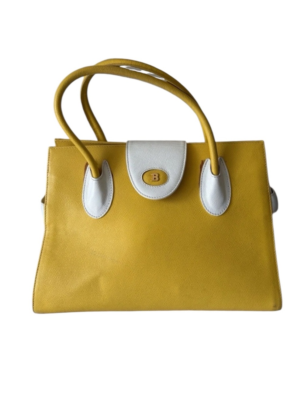 Vintage Bally Mustard Yellow White Leather Structured Satchel Handbag - Picture 9 of 10